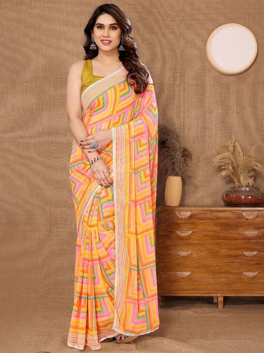 

KALINI Geometric Printed Ready to Wear Saree, Yellow