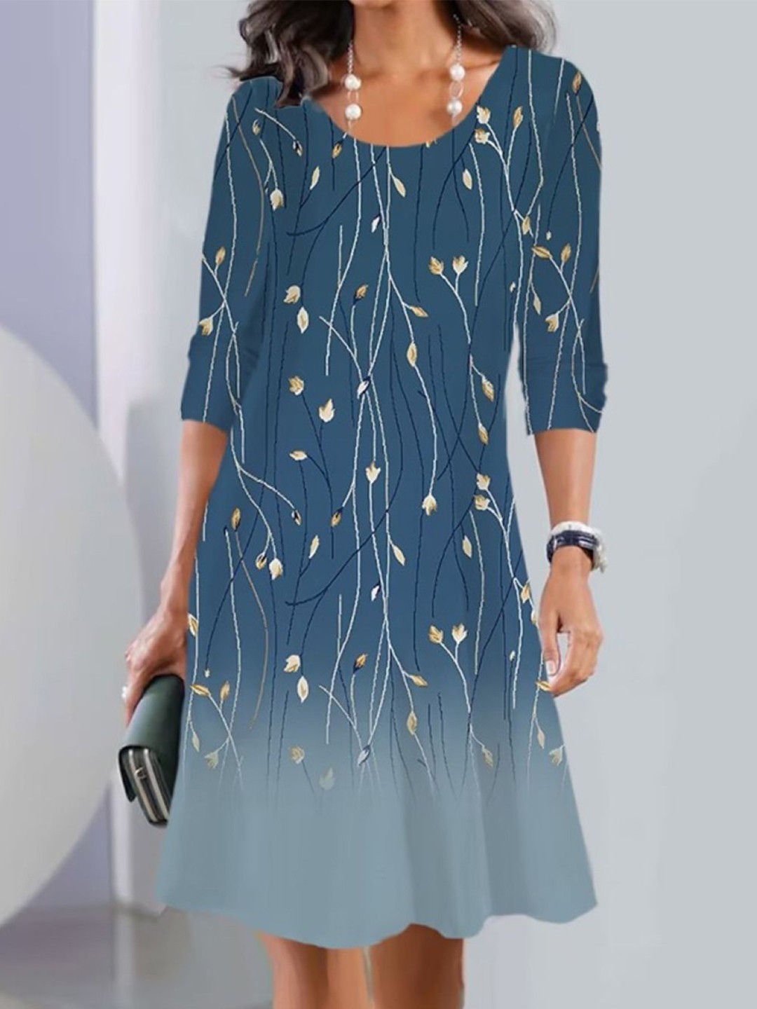

KPOP Women Ethnic Motifs Printed A-Line Dress, Navy blue