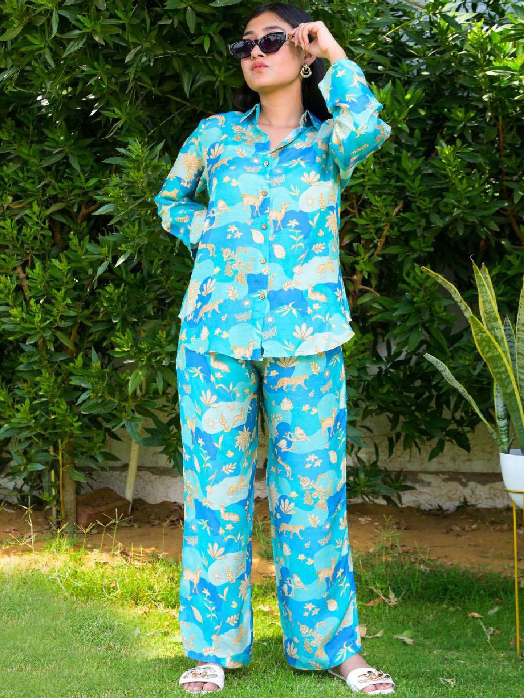 

Coordnord Printed Shirt With Trousers Co-Ords, Blue