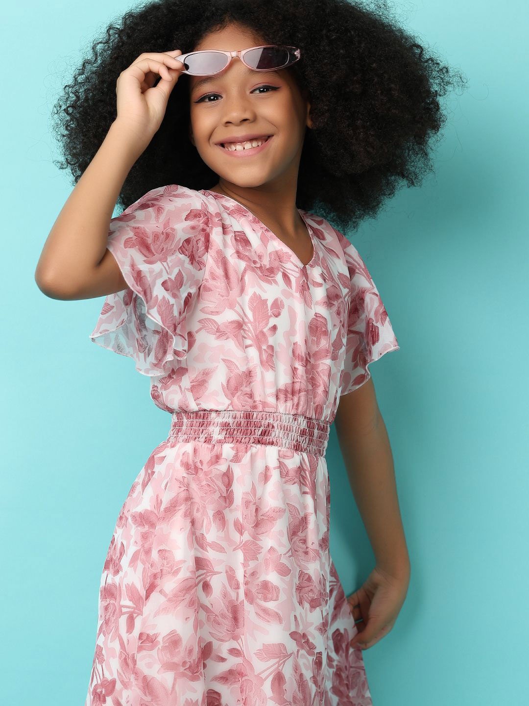 

V-Mart Girls Floral Printed Flutter Sleeve Fit & Flare Dress, Off white