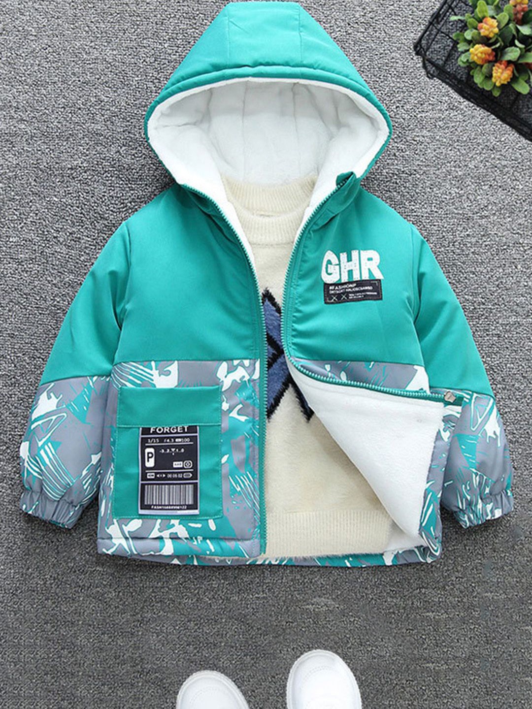 

INCLUD Boys Hooded Printed Open Front Jacket, Green