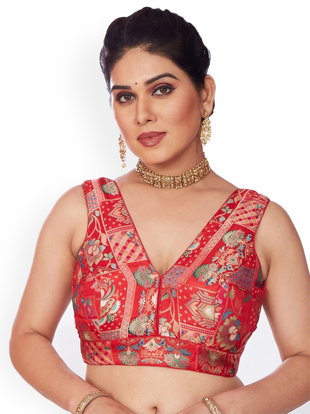 

Mmore Printed Padded Saree Blouse, Red