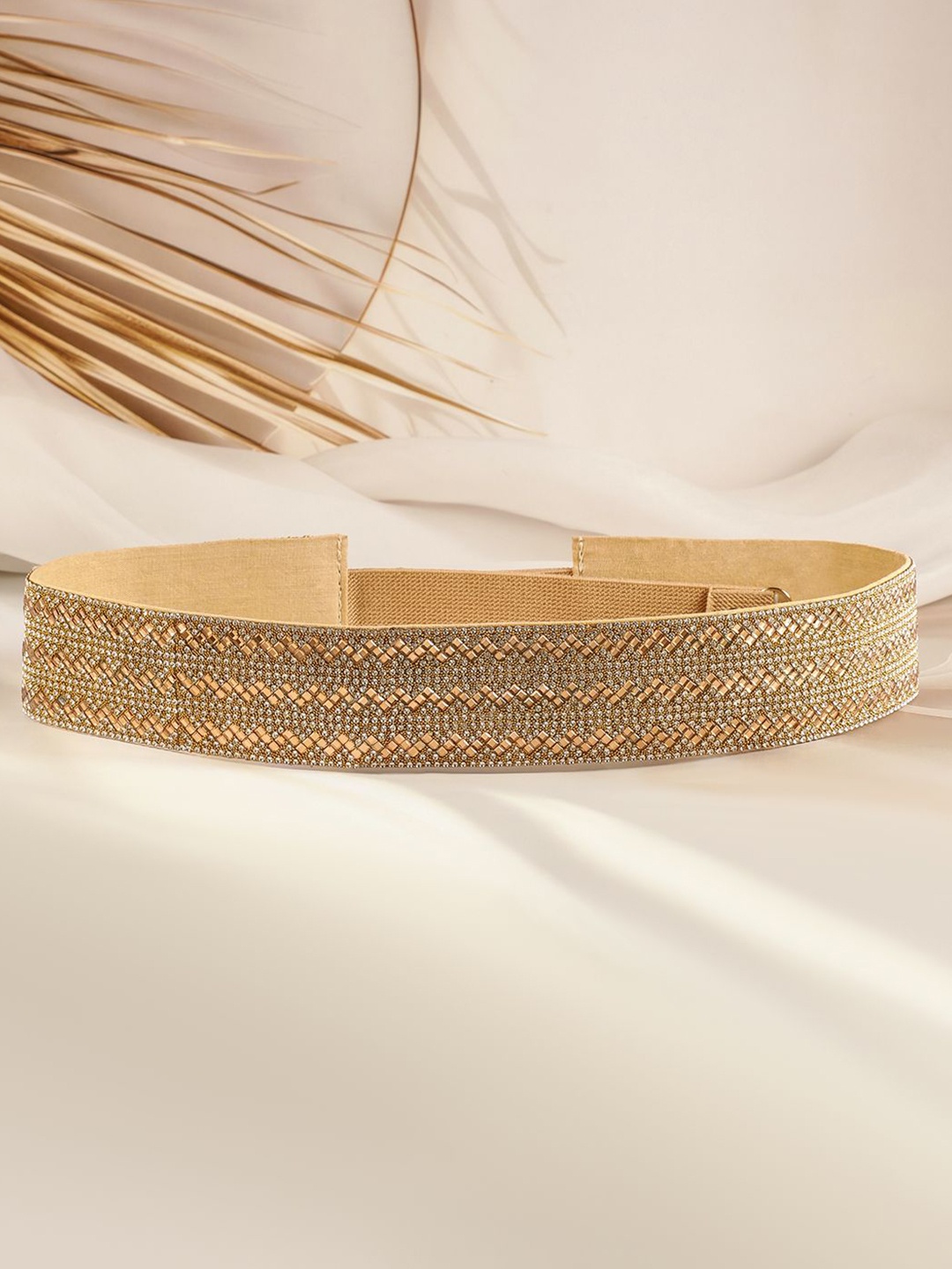 

Rubans Gold-Toned Crystal Zicronia Studded Adjustable Waist Belt with Diamond Mesh Design