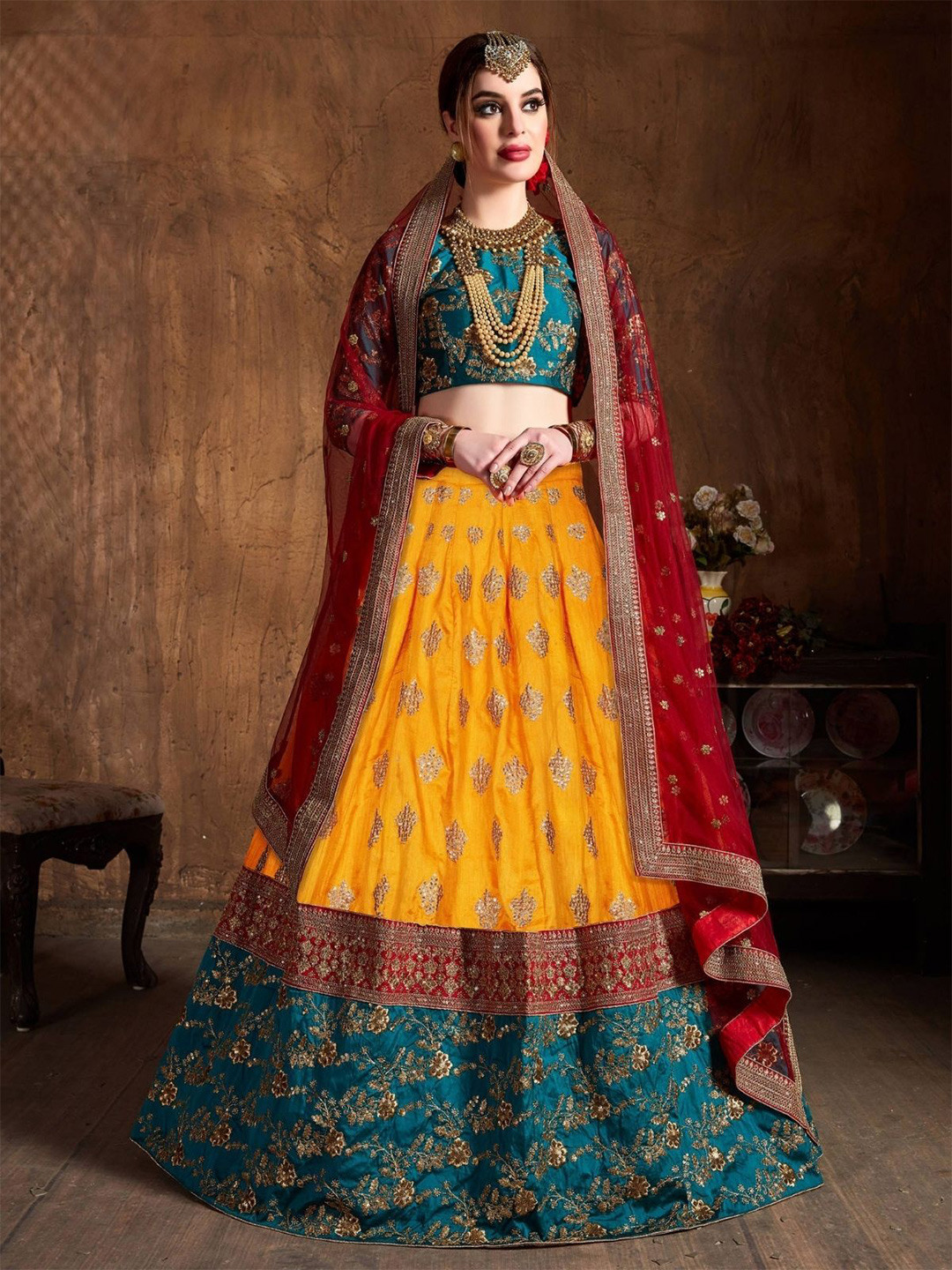 

ODETTE Ethnic Motifs Embroidered Semi-Stitched Lehenga & Blouse With Dupatta, Teal