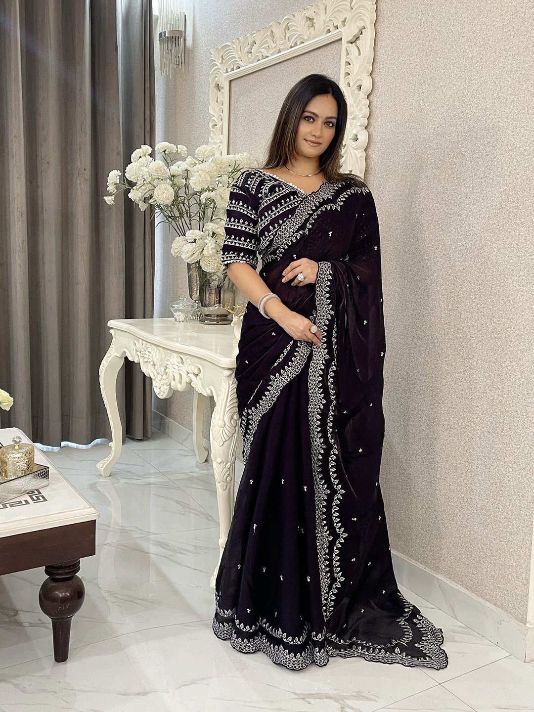 

LeeliPeeri Designer Ethnic Motifs Sequinned Silk Blend Heavy Work Saree, Purple