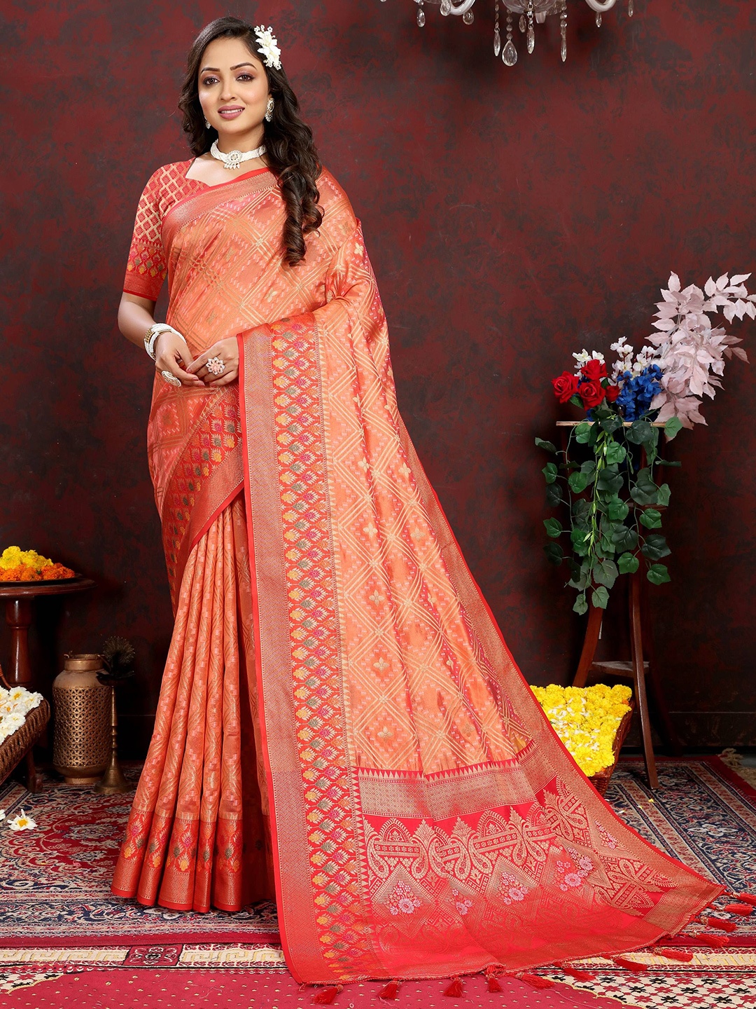 

Zeekha Woven Design Zari Pure Silk Kanjeevaram Saree, Orange