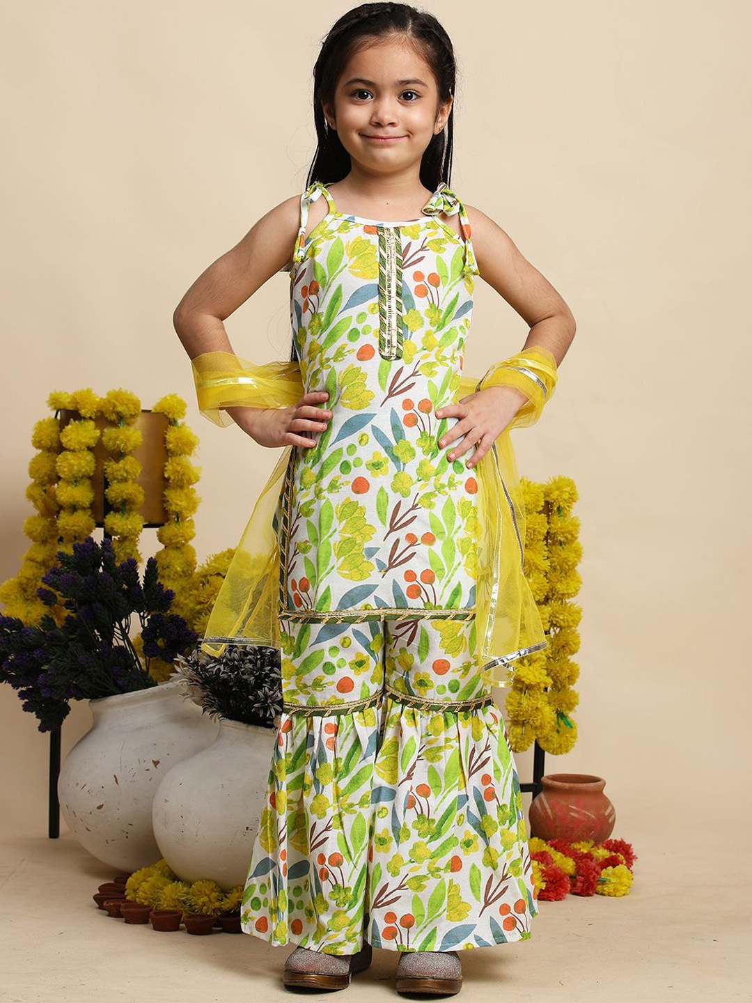 

Cutiekins Girls Floral Printed A-Line Cotton Kurta with Sharara & Dupatta, Green