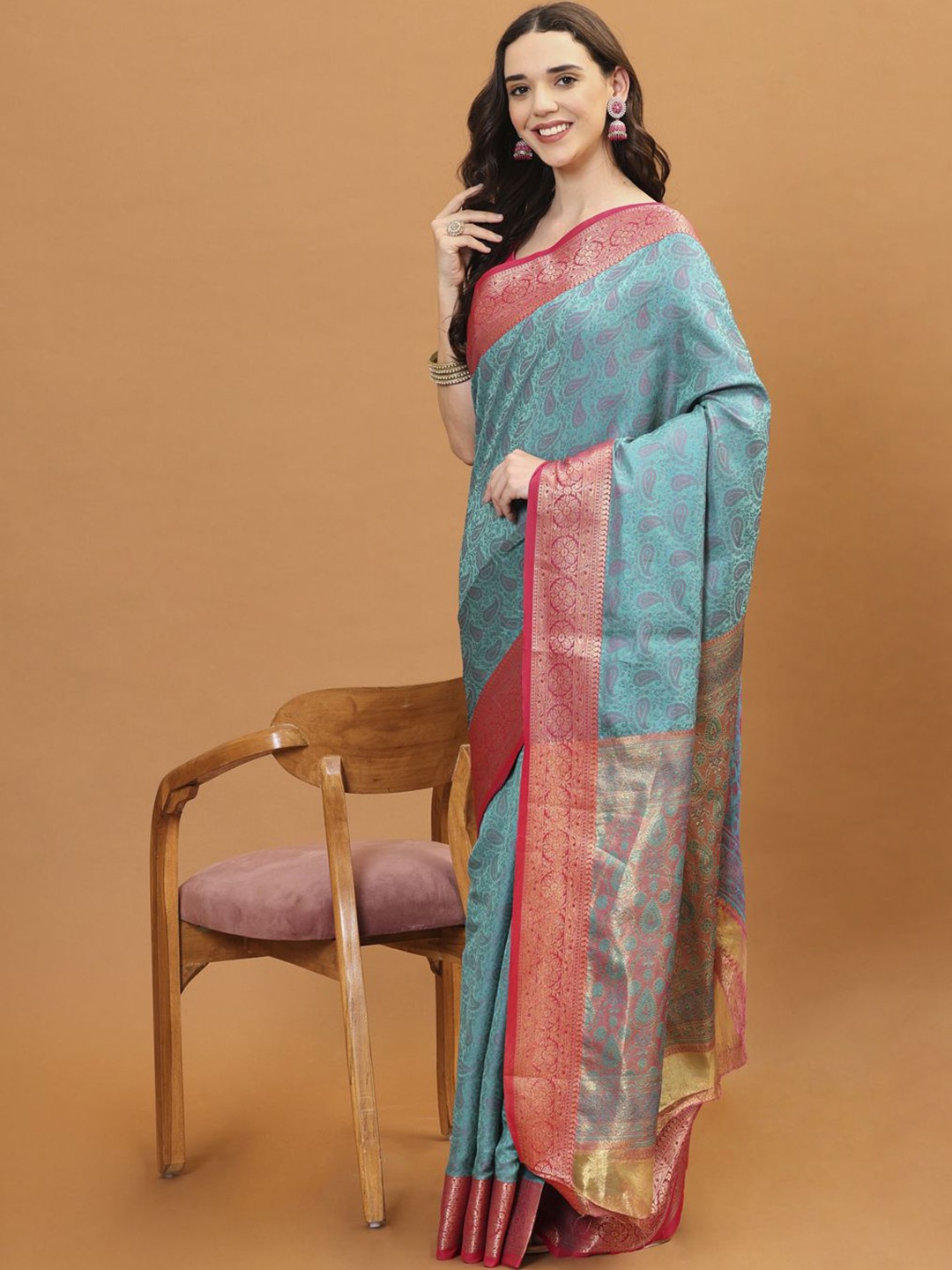 

Meena Bazaar Woven Design Zari Saree, Turquoise blue