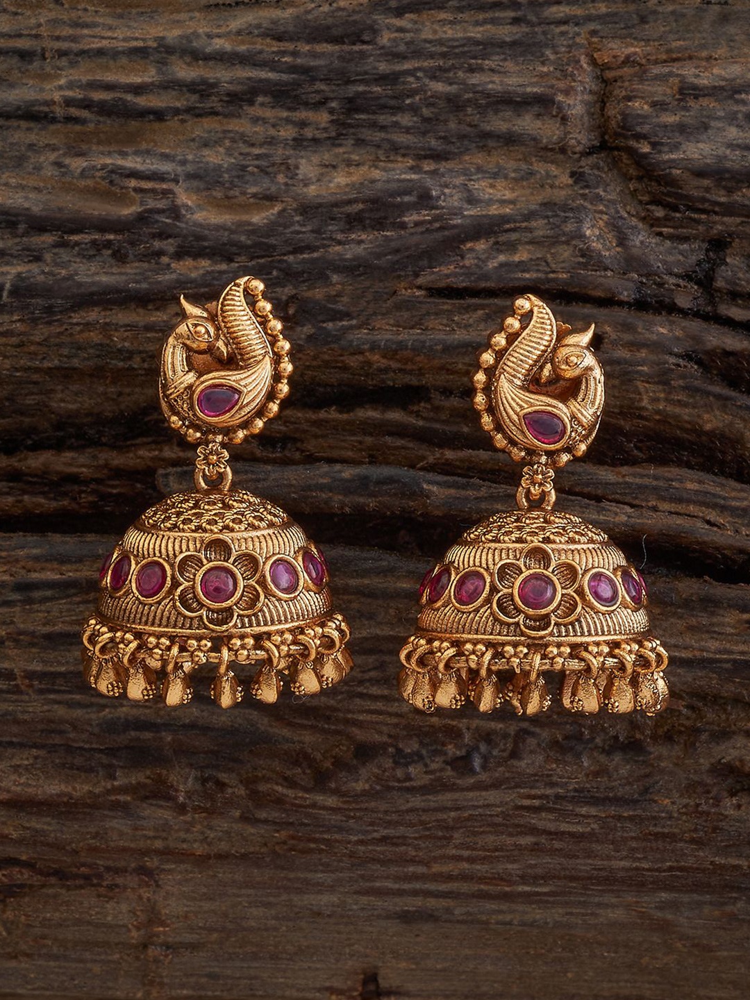 

Kushal's Fashion Jewellery Gold Plated Dome Shaped Antique Jhumkas, Red