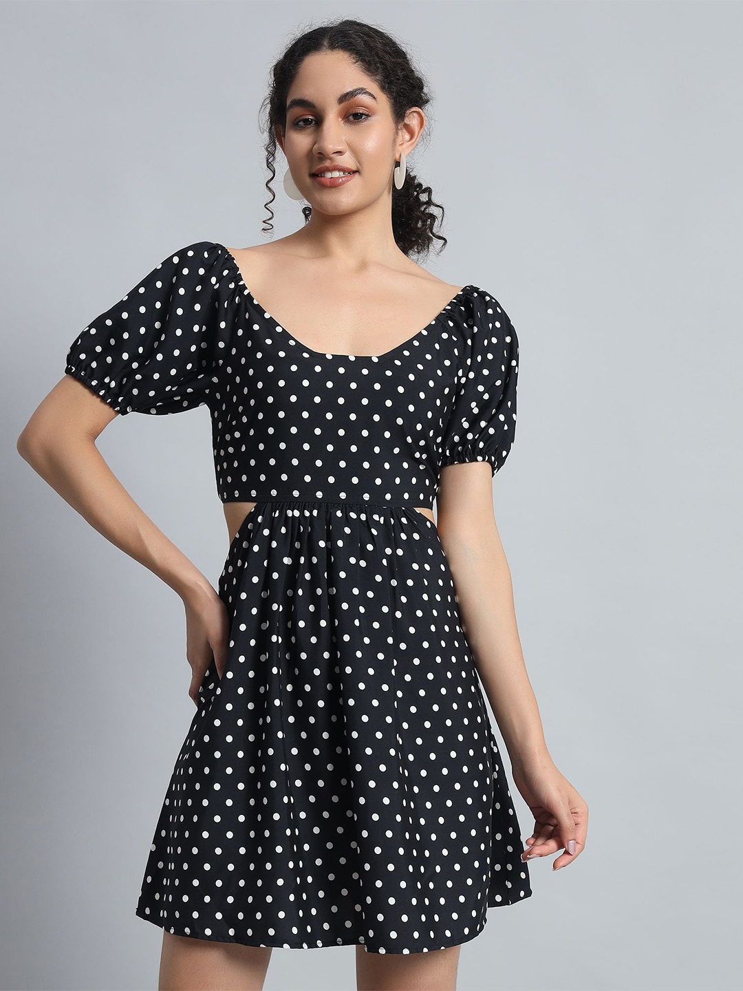 

Mehrang Women Polka Dot Printed Puff Sleeve Denim Fit & Flare Dress, Pink