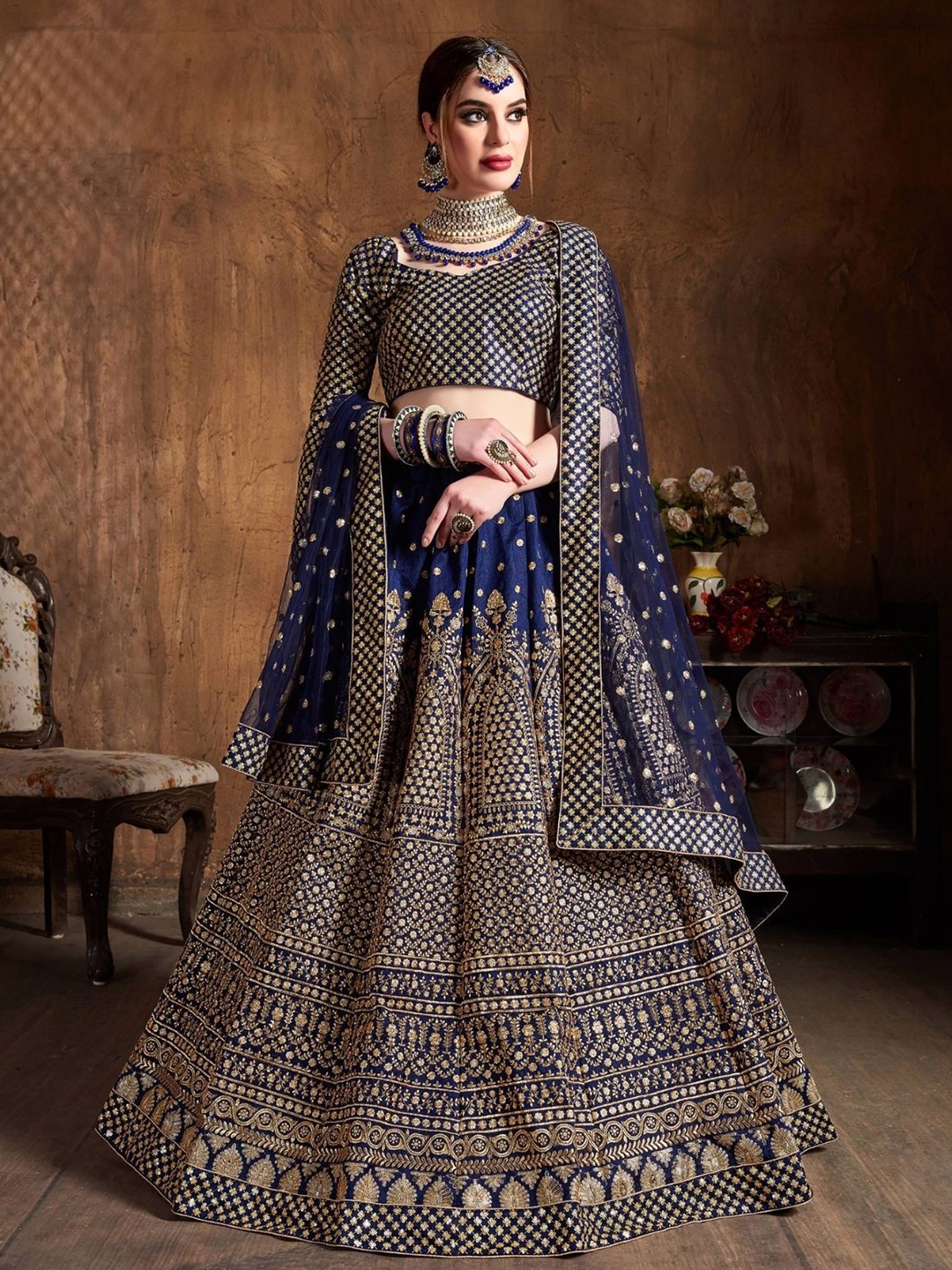 

ODETTE Embroidered Semi-Stitched Lehenga & Blouse With Dupatta, Navy blue