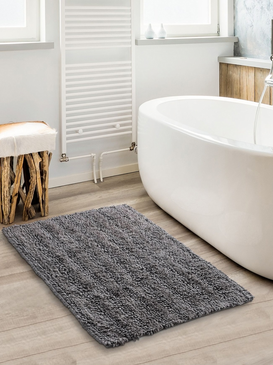 

SASHAA WORLD Grey Striped Pure Cotton Rectangular Bathmat