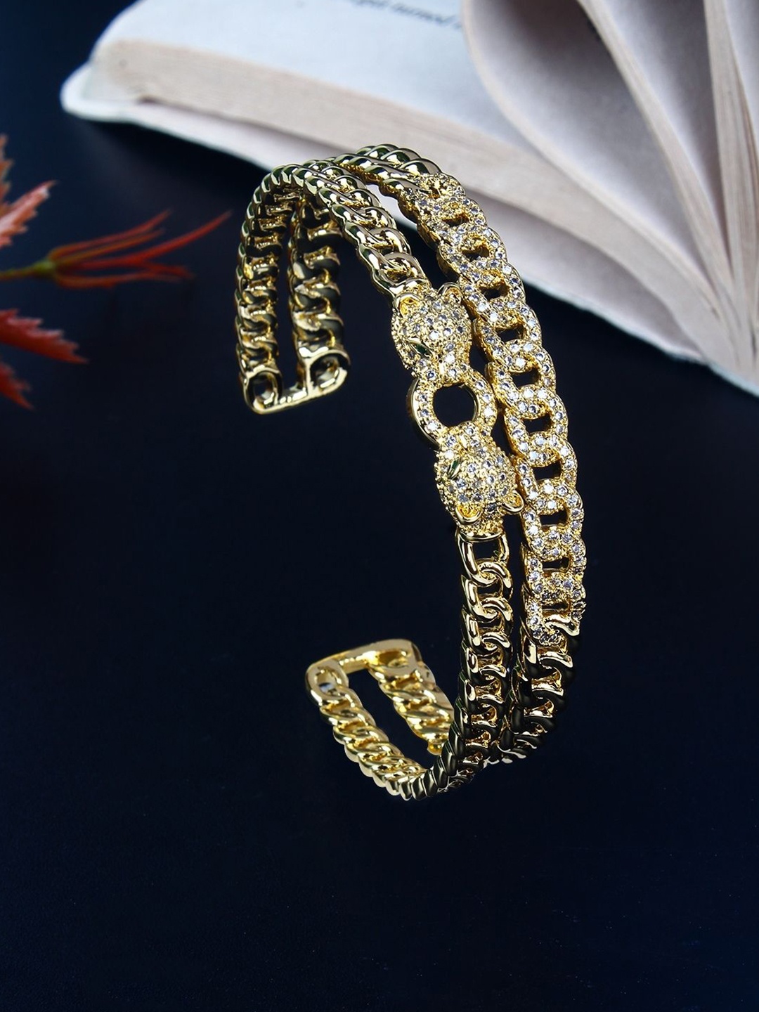

KPOP Cubic Zirconia Studded Gold-Plated Cuff Bracelet