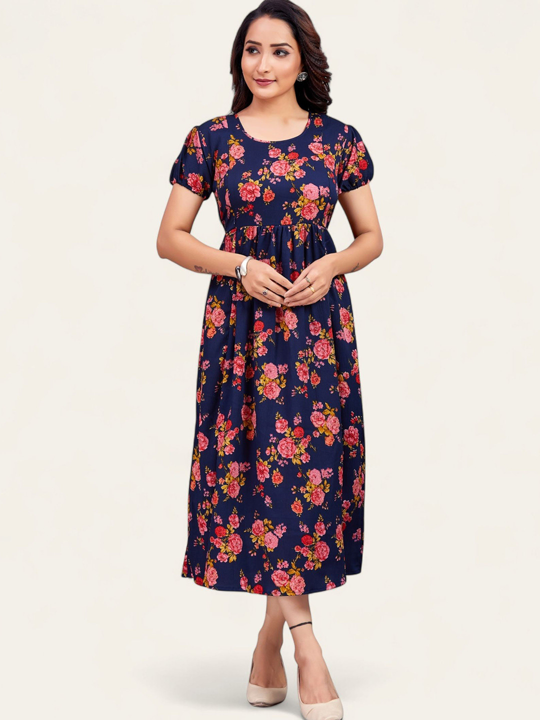 

RITIJYA Women Floral Printed Maternity Fit & Flare Midi Dress, Blue