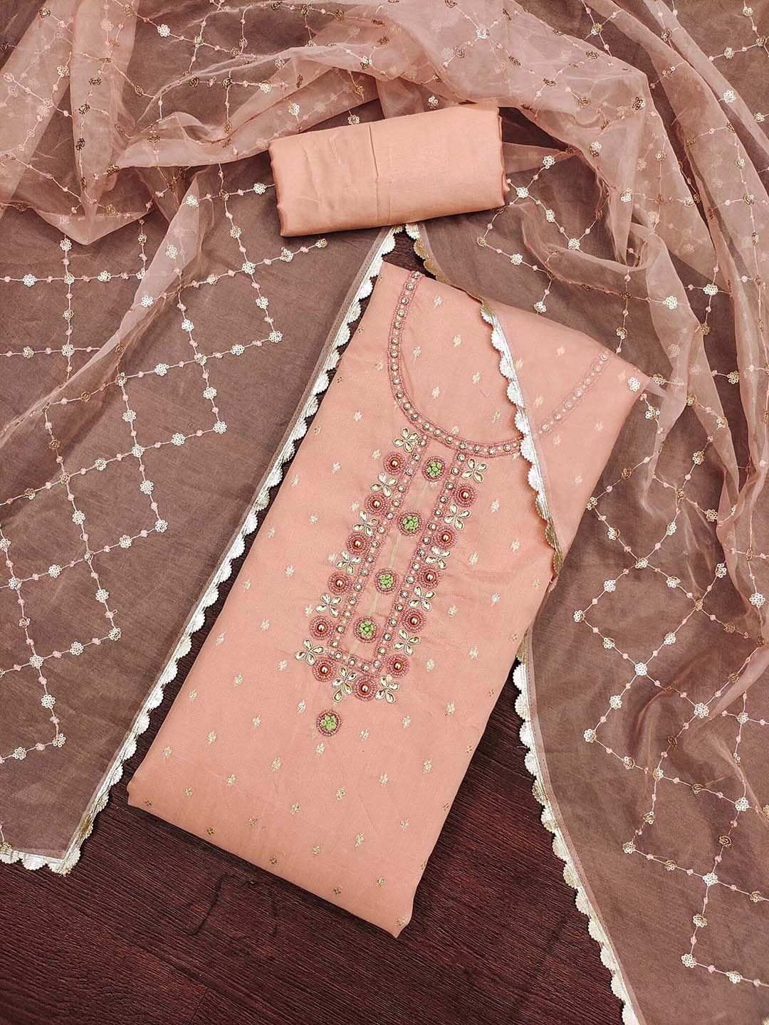 

MANVAA Floral Embellished Beads and Stones Organza Unstitched Dress Material, Peach