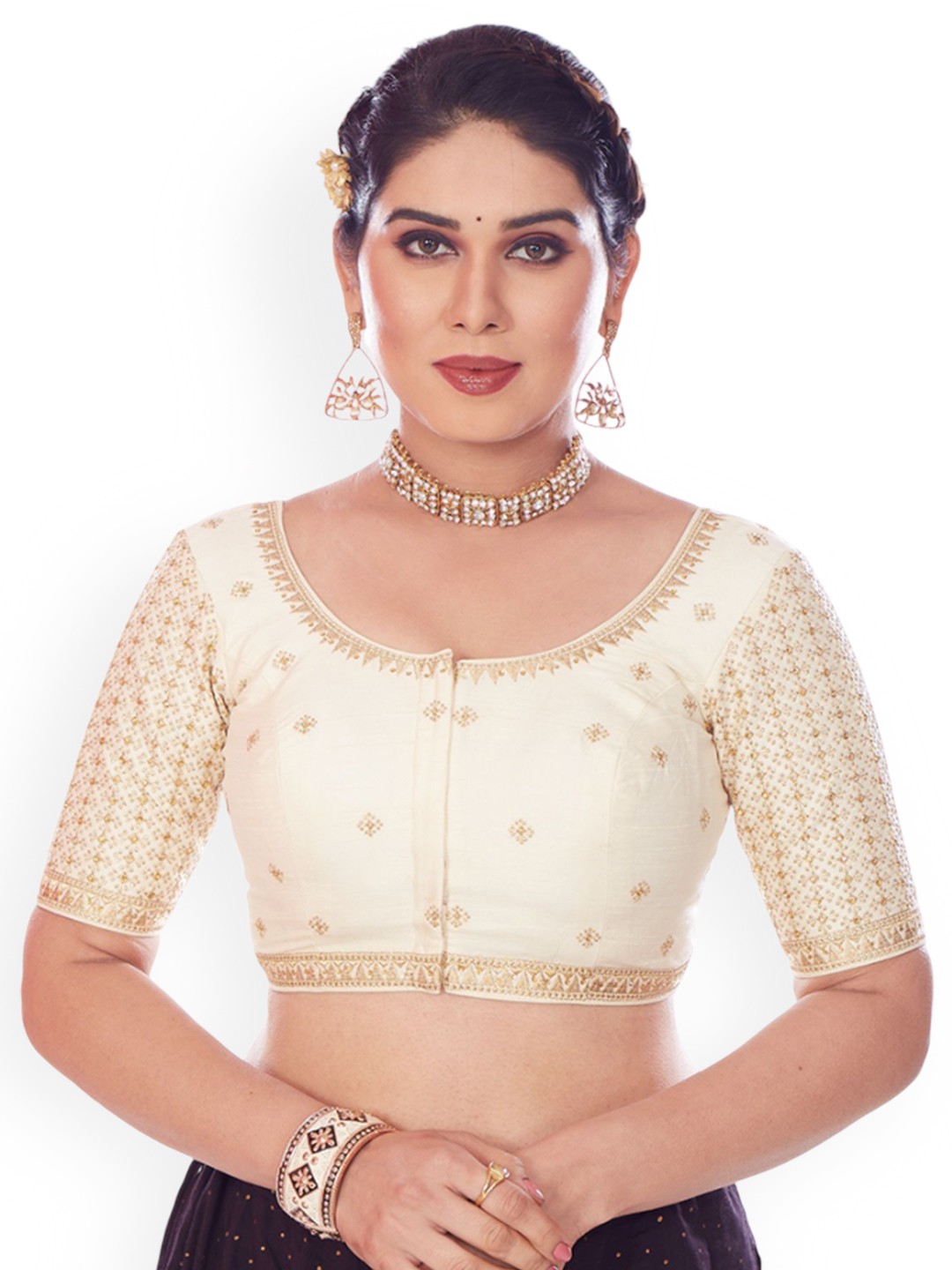 

Mmore Embroidered Round Neck Saree Blouse, Cream