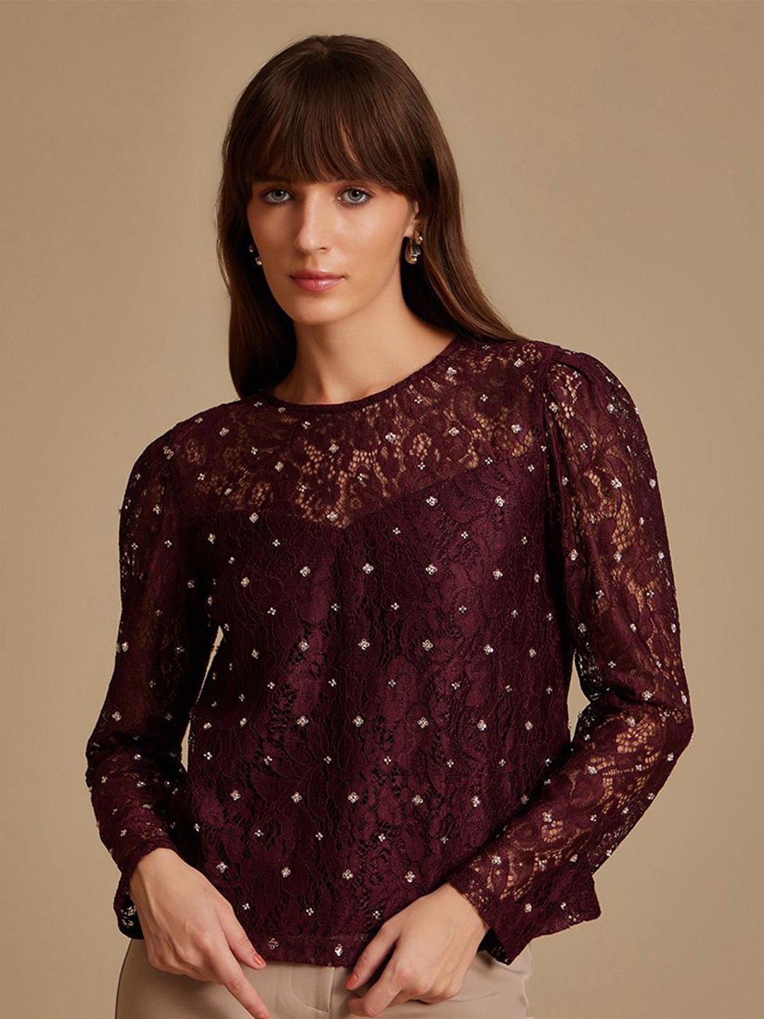 

Kazo Women Embellished Round Neck Top, Maroon