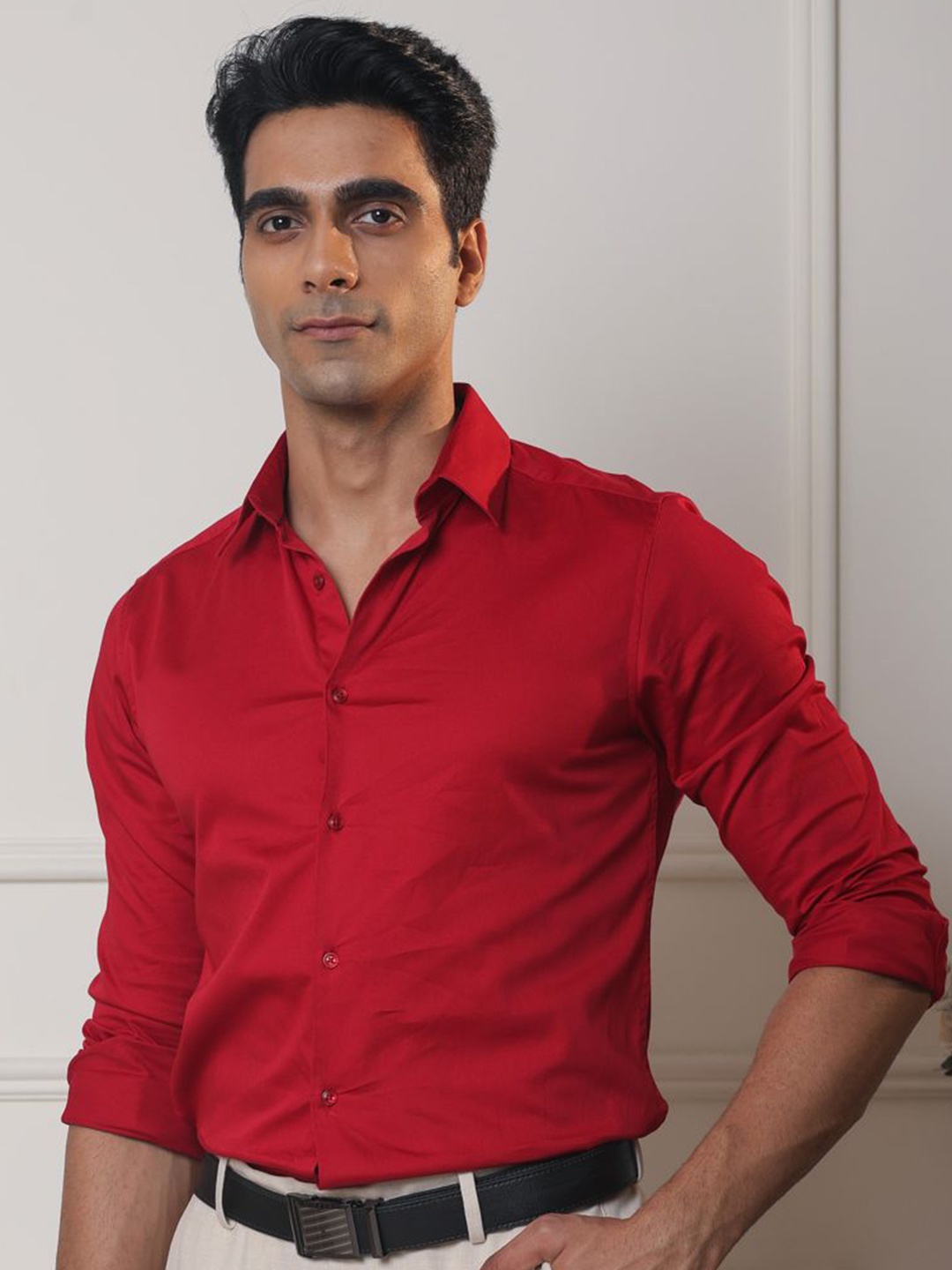 

SUBTRACT Men Spread Collar Solid Cotton Slim Fit Party Shirt, Red