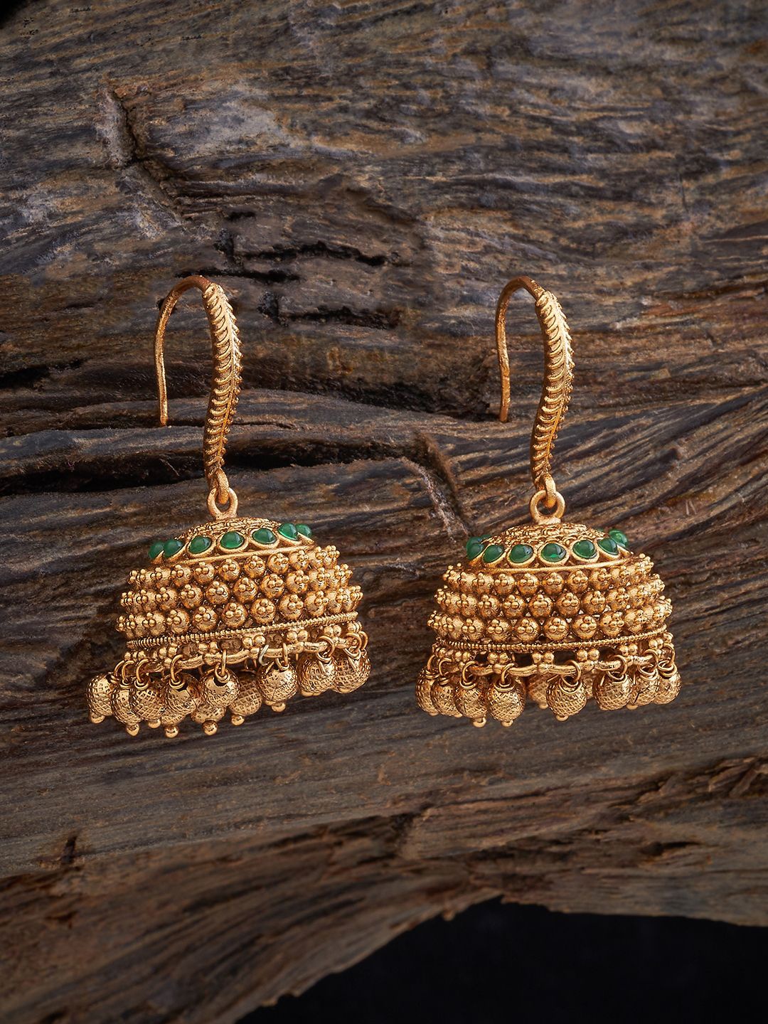 

Kushal's Fashion Jewellery Gold Plated Dome Shaped Artificial Stones Antique Jhumkas, Green