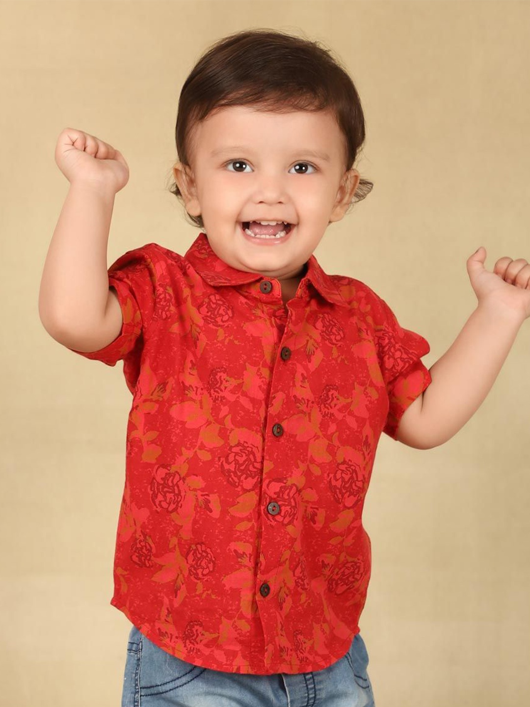 

Fabindia Boys Spread Collar Floral Printed Cotton Casual Shirt, Red