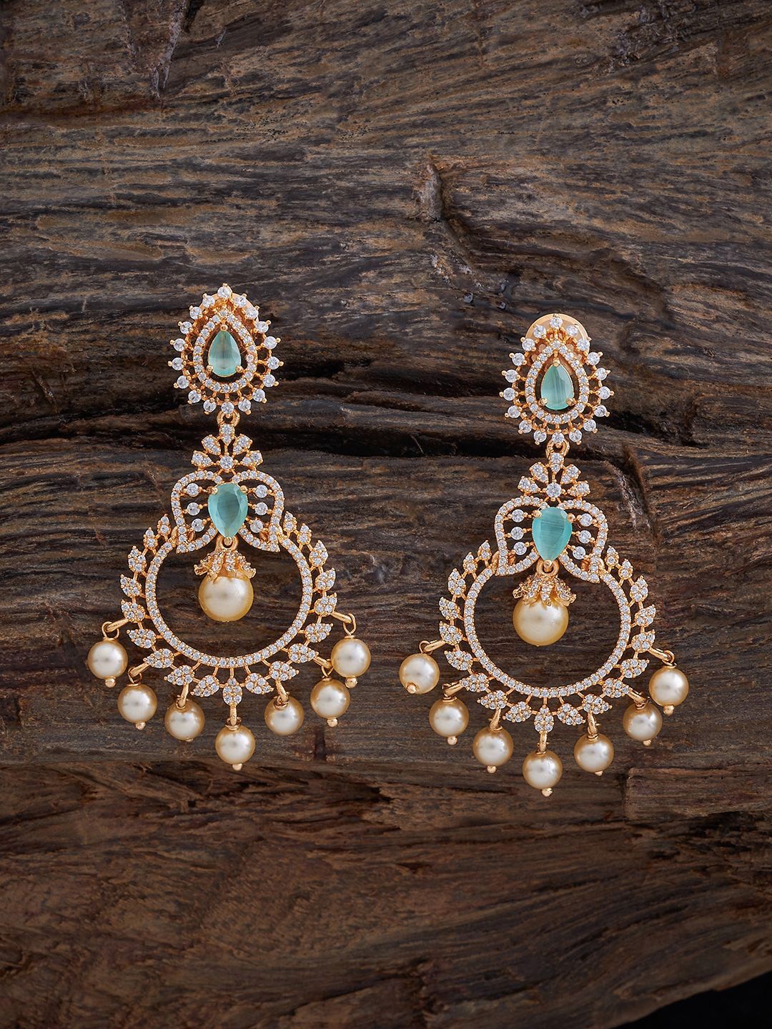 

Kushal's Fashion Jewellery Gold-Plated Cubic Zirconia Studed Crescent Shaped Drop Earrings, Sea green