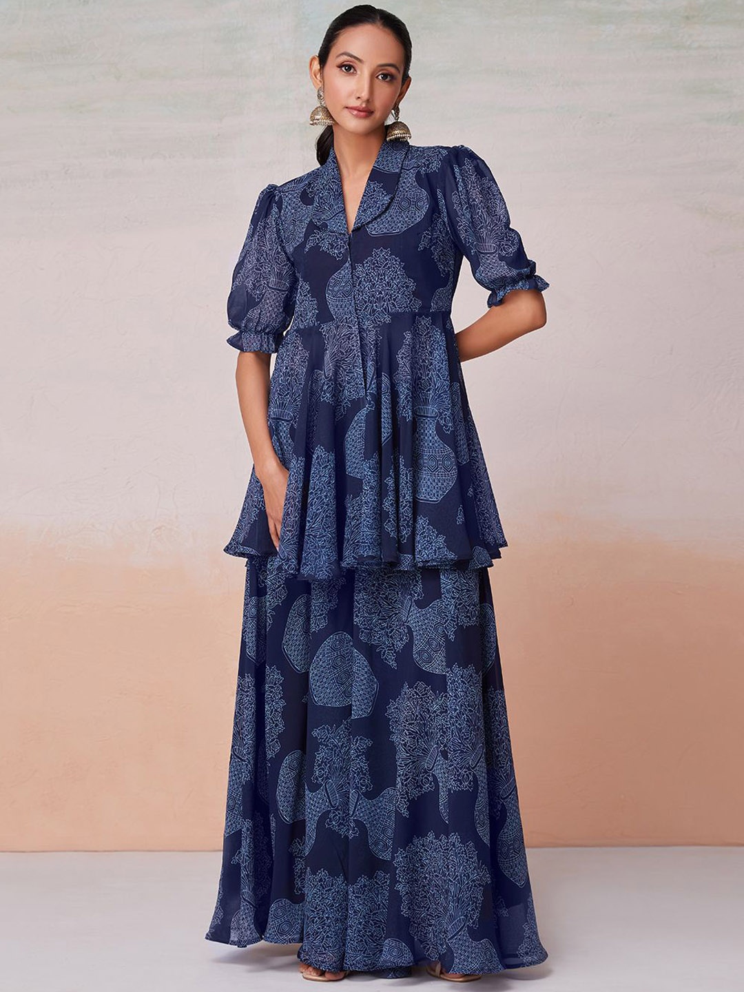 

Fusionic Printed Tunic & Palazzo Co-Ords, Navy blue