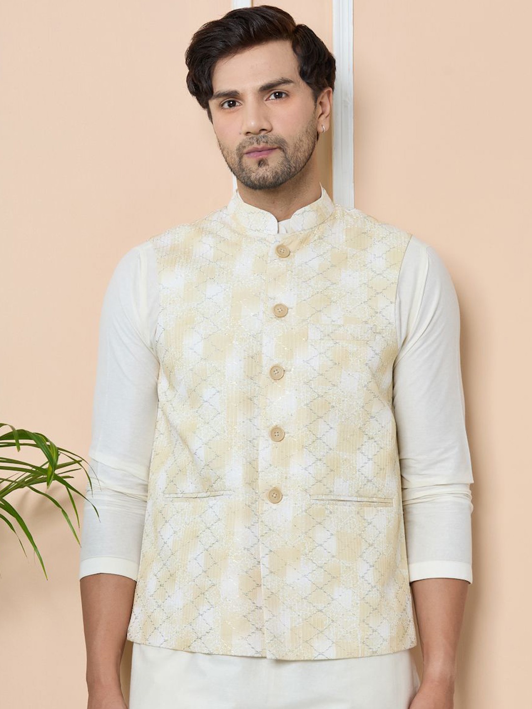 

See Designs Embroidered Pure Cotton Nehru Jacket, Yellow