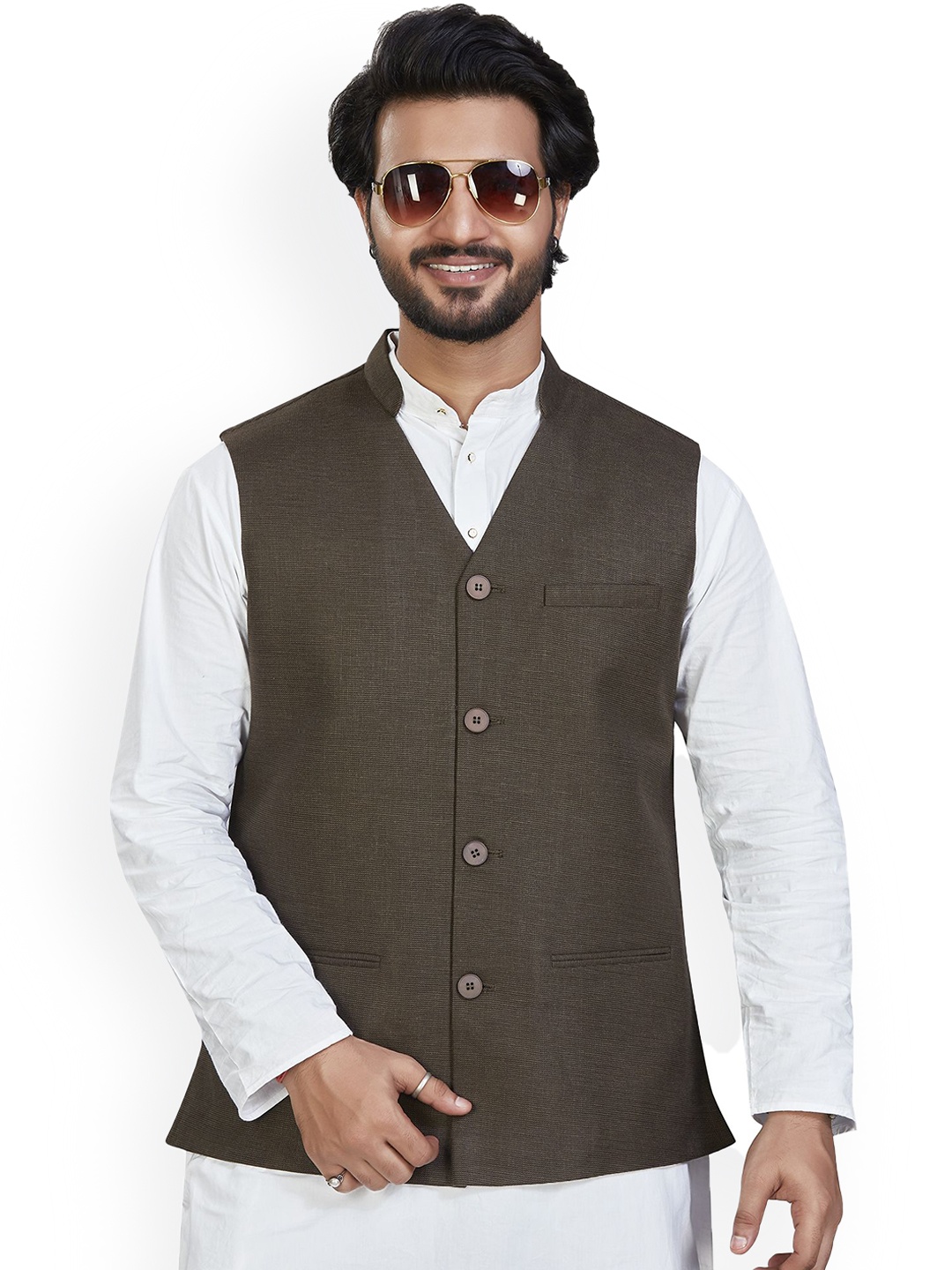 

Authentics Men Woven Nehru Jackets, Brown