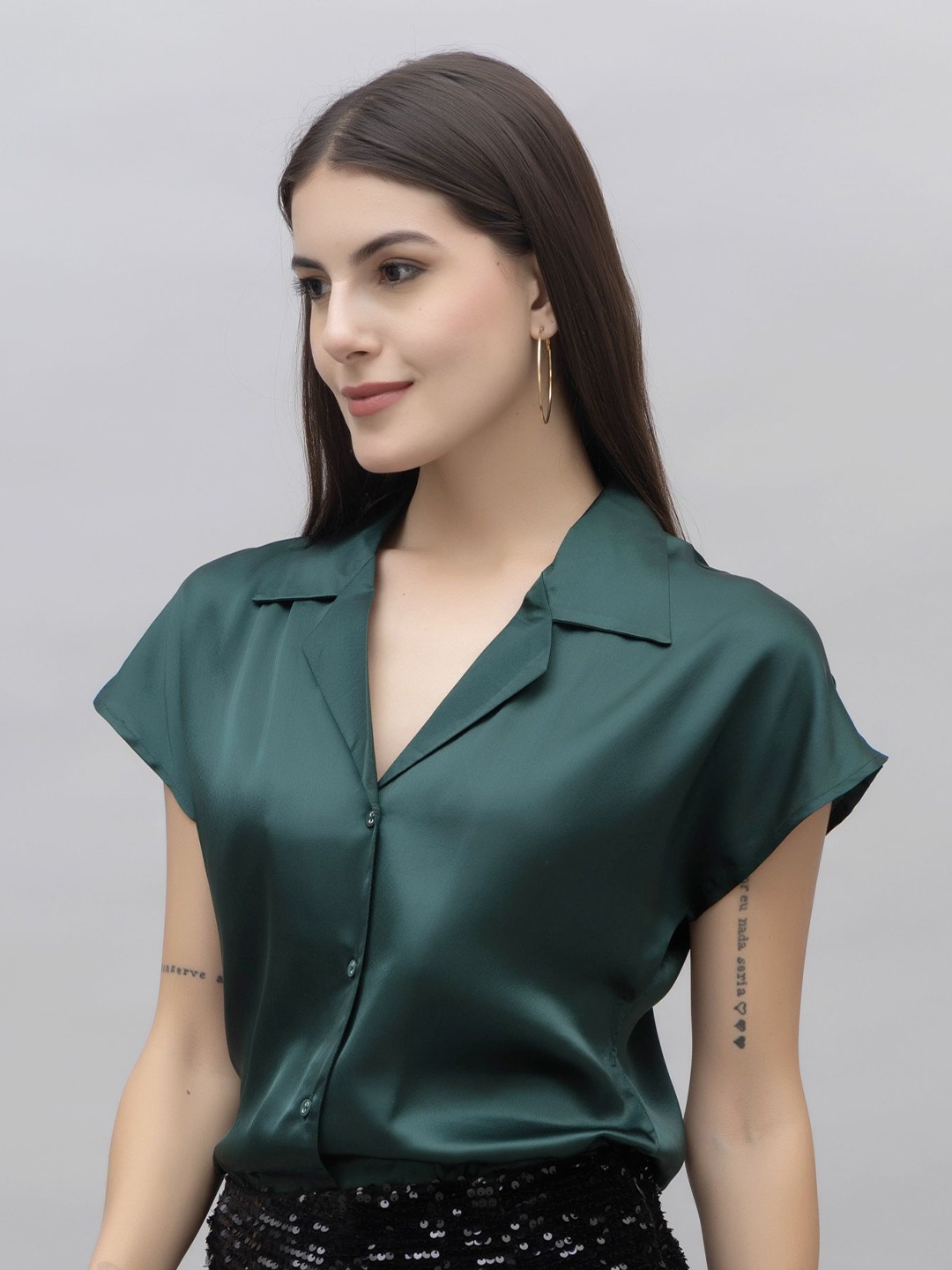 

PURYS WORKSPACE Women Classic Cuban Collar Solid Formal Shirt, Green