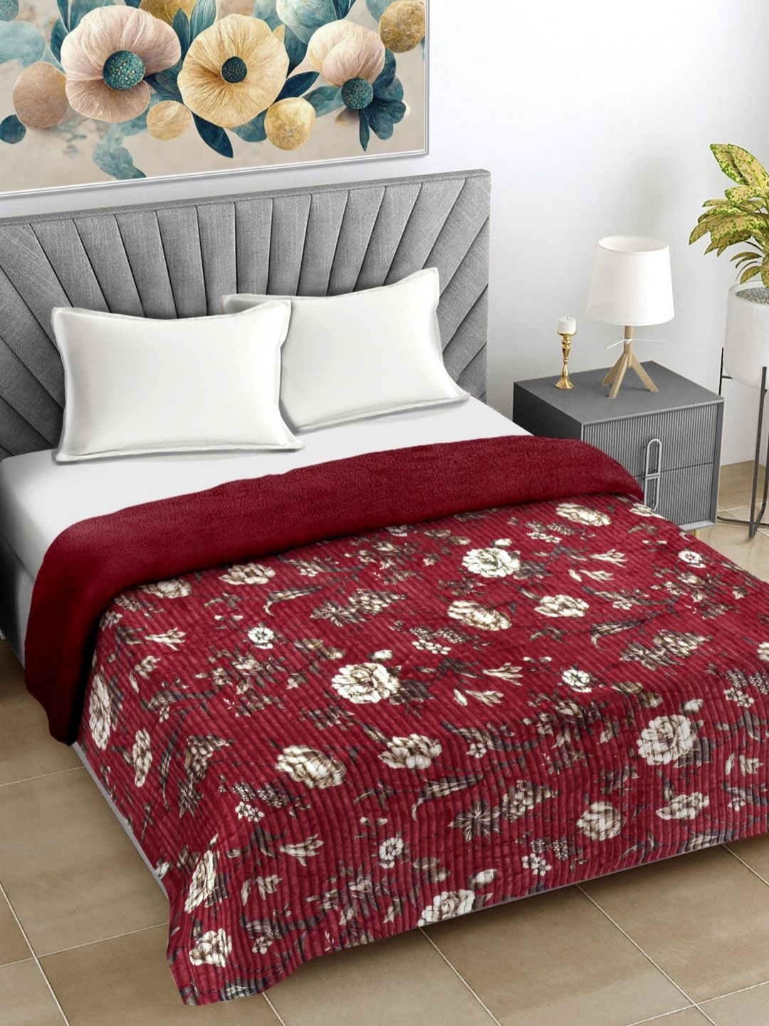 

FABINALIV Maroon & White Floral Woollen Mild Winter 400 GSM Double Bed Comforter