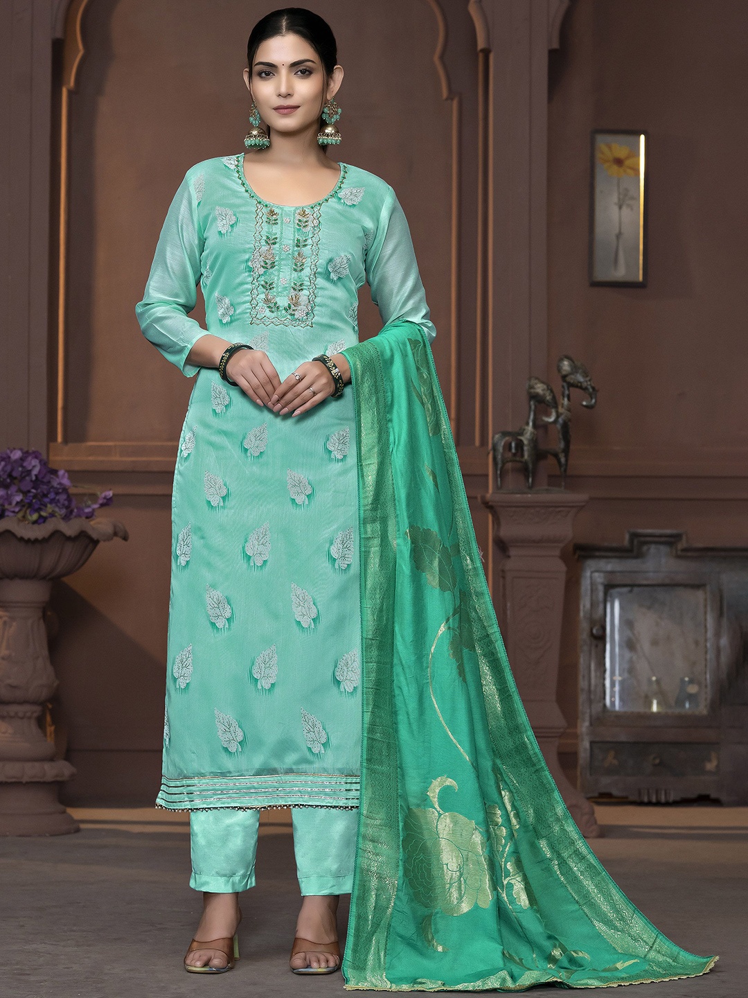 

MANVAA Floral Embellished Beads and Stones Unstitched Dress Material, Sea green