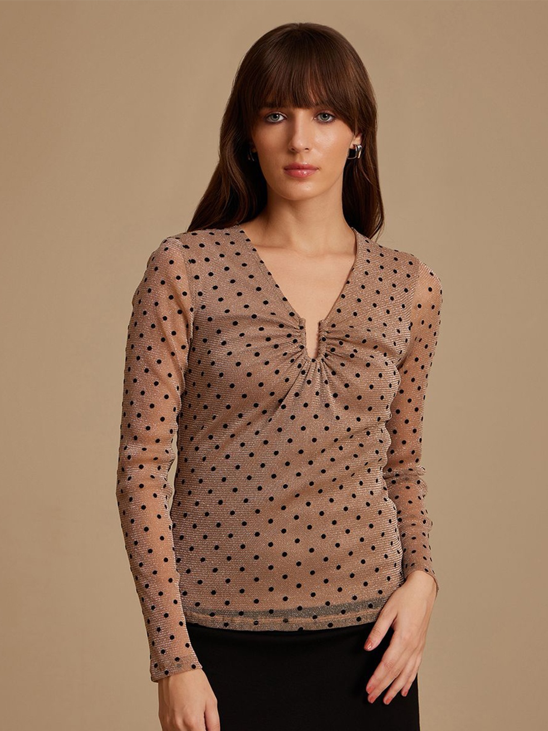 

Kazo Women Polka Dots Printed V-Neck Top, Brown