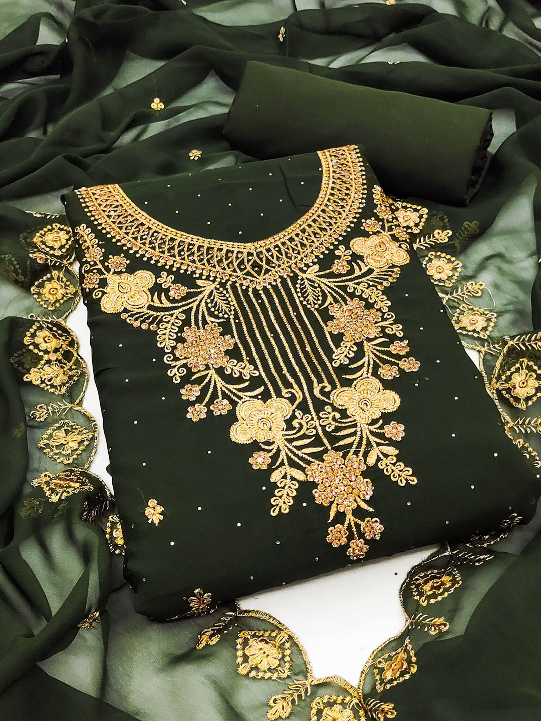 

KALINI Floral Embroidered Sequinned Silk Georgette Unstitched Dress Material, Green