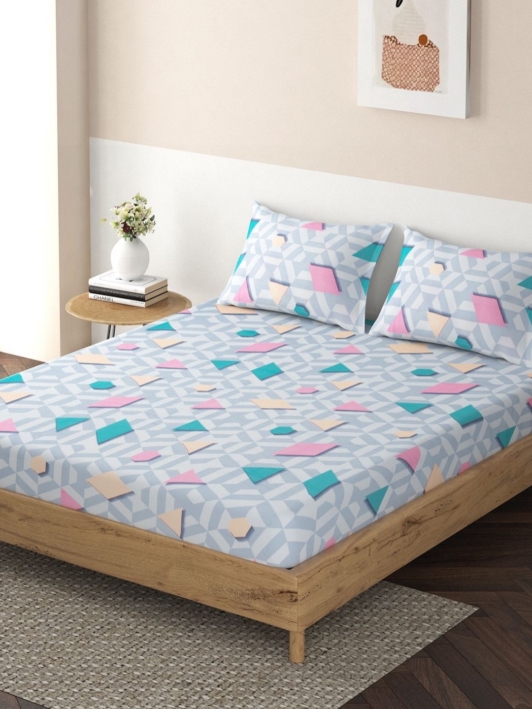 

HOKIPO Blue & White Geometric 130 TC Queen Bedsheet with 2 Pillow Covers