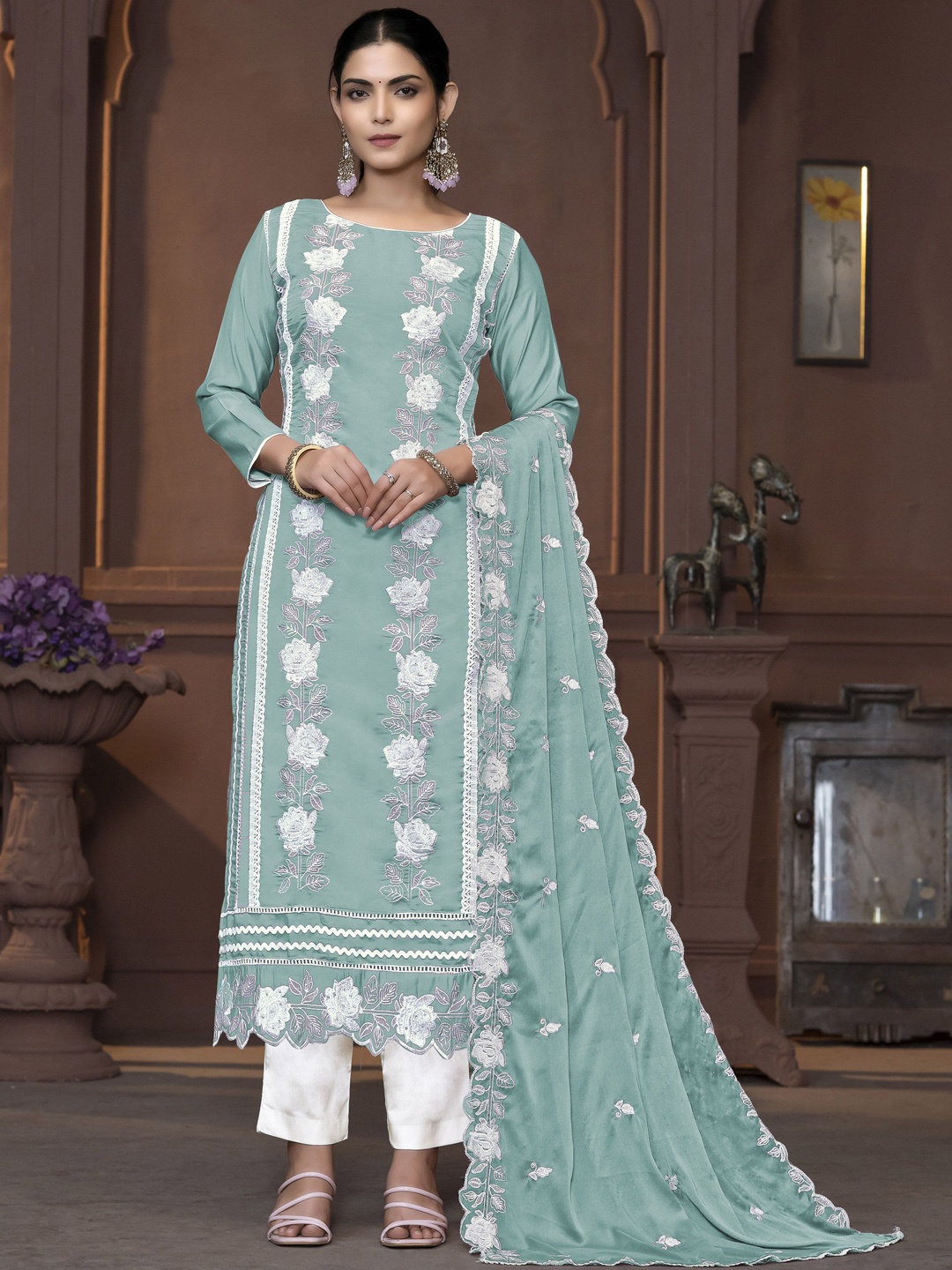 

MANVAA Floral Embroidered Unstitched Dress Material, Sea green