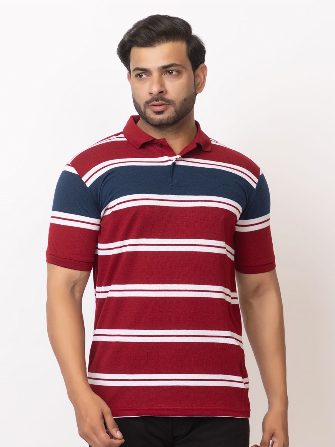 

WILD COPS Men Striped Polo Collar T-shirt, Maroon