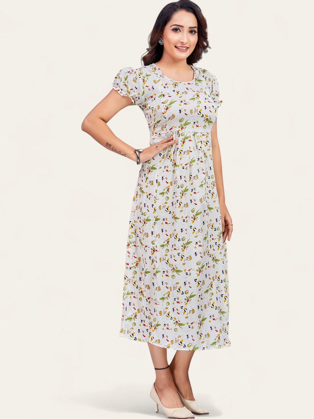 

RITIJYA Women Floral Printed Maternity Fit & Flare Maxi Dress, White