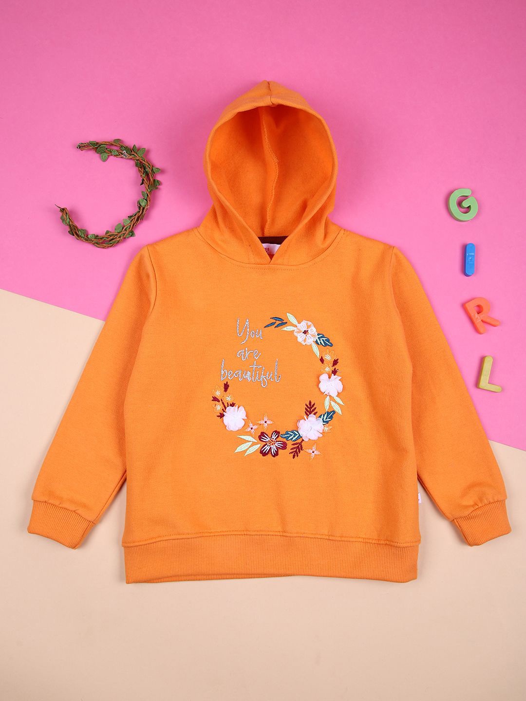 

V-Mart Girls Floral Printed Hood Cotton Pullover Sweatshirt, Orange