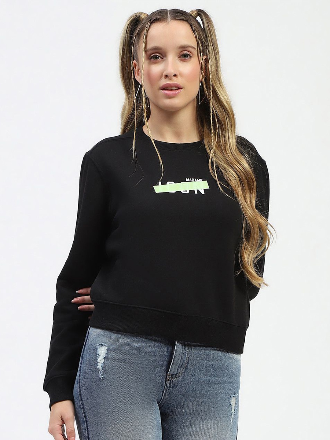 

Madame Women Solid Round Neck Cotton Pullover Sweatshirt, Black