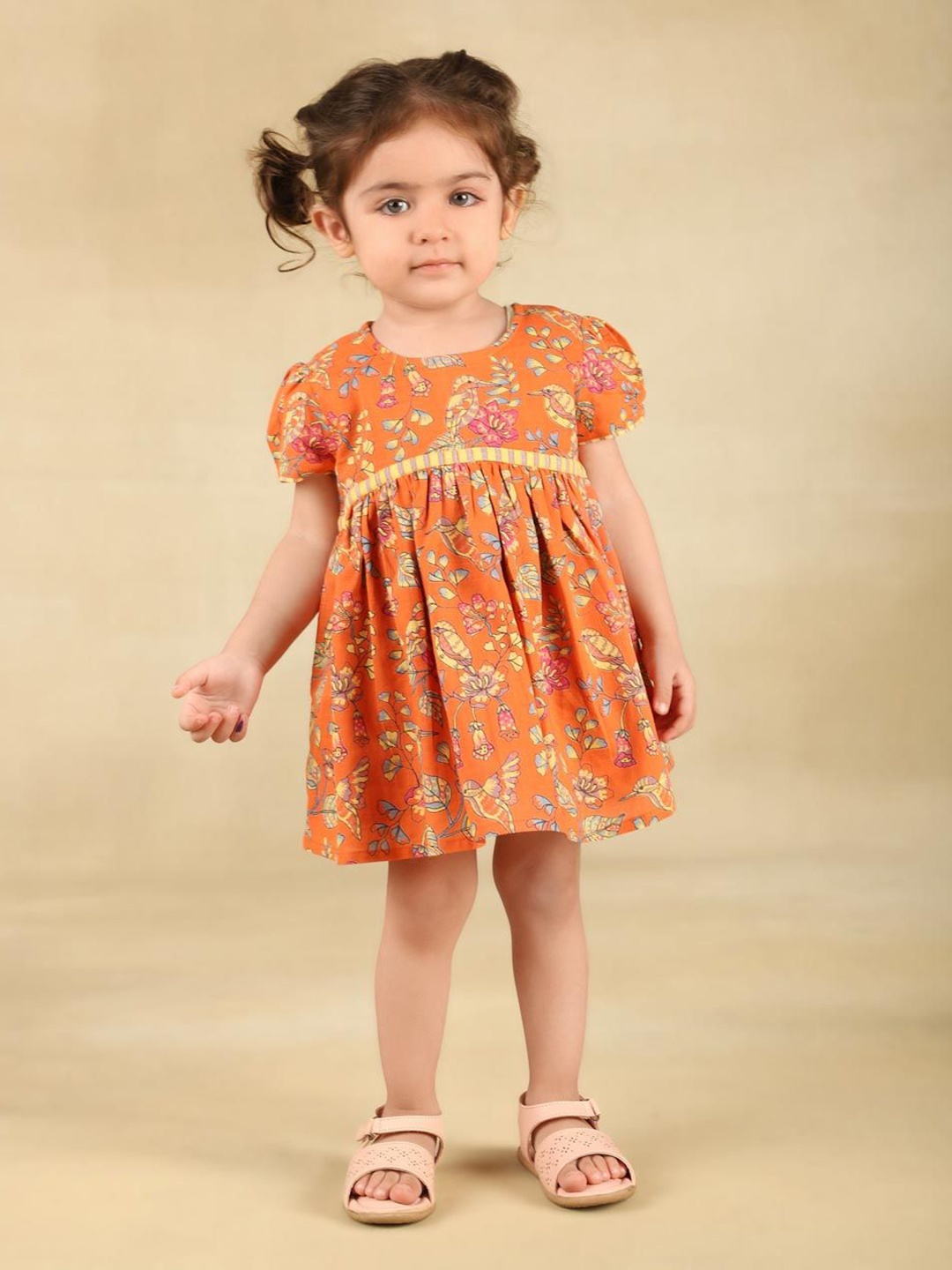 

Fabindia Girls Floral Print Puff Sleeve Fit & Flare Dress, Orange