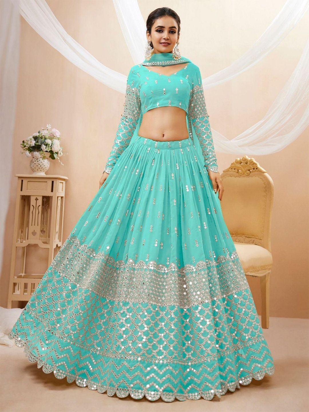 

ODETTE Embroidered Semi Stitched Lehenga & Unstitched Blouse With Dupatta, Blue