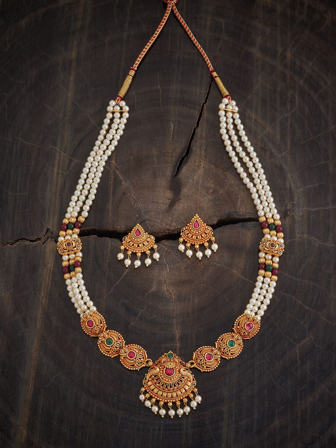 

Kushal's Fashion Jewellery Ruby-Green Gold-Plated Stone Studded & Beaded Jewellery Set