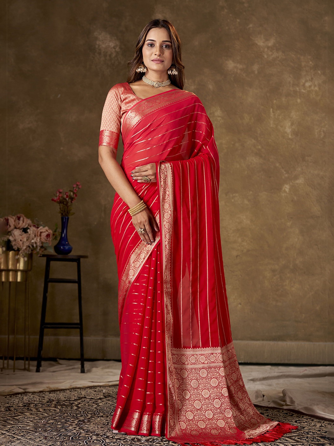 

KAYOMMI Ethnic Striped Pure Georgette Zari Banarasi Saree, Pink