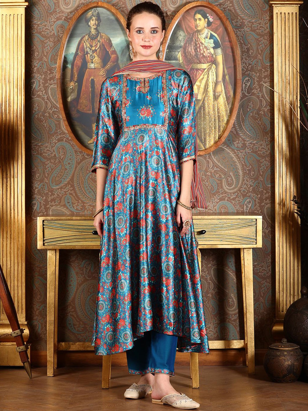 

W Women Floral Printed Regular Beads and Stones Kurta with Trousers & With Dupatta, Blue