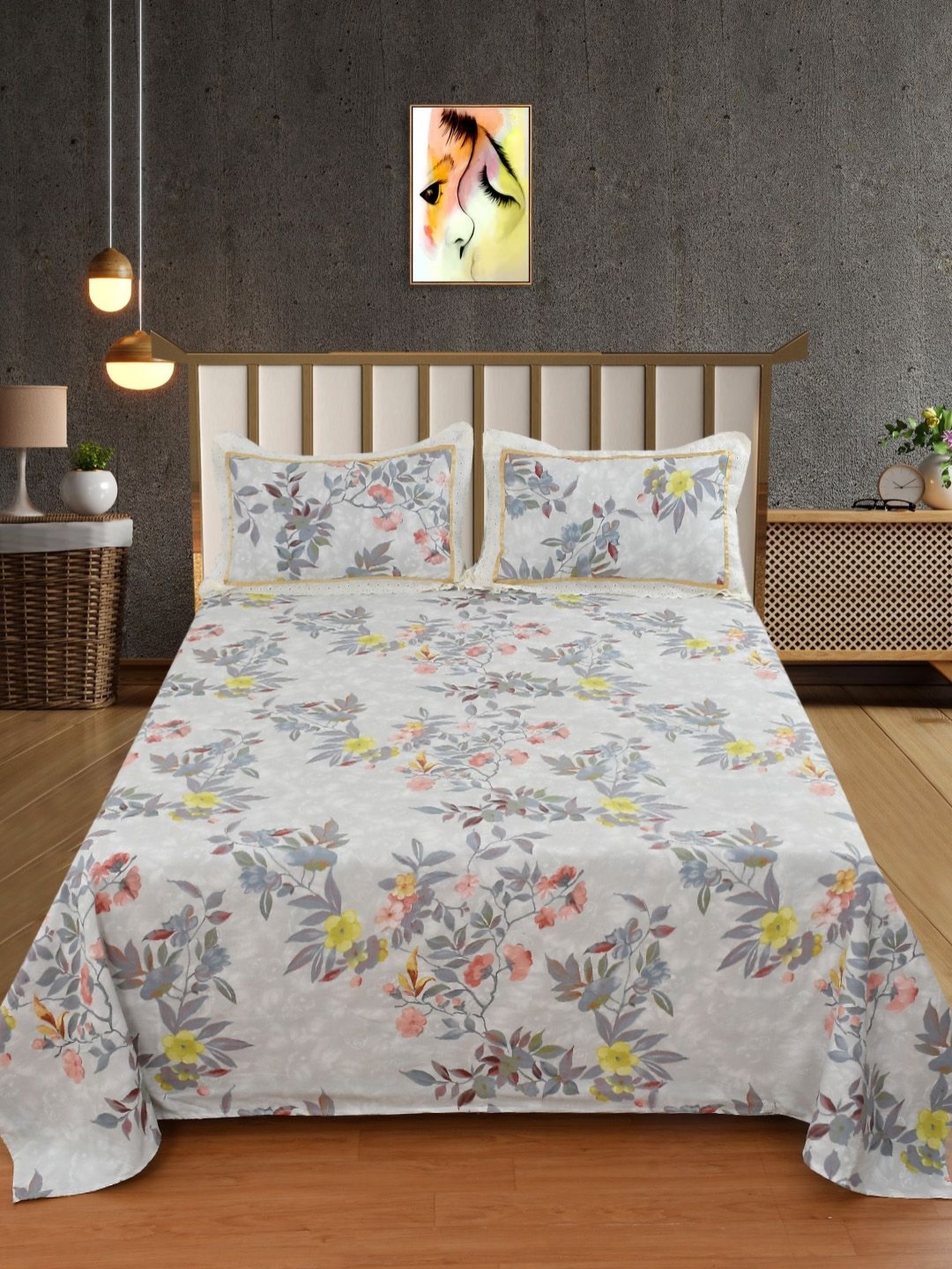 

BELVOSTUM Grey & Yellow Floral 250 TC King Bedsheet with 2 Pillow Covers