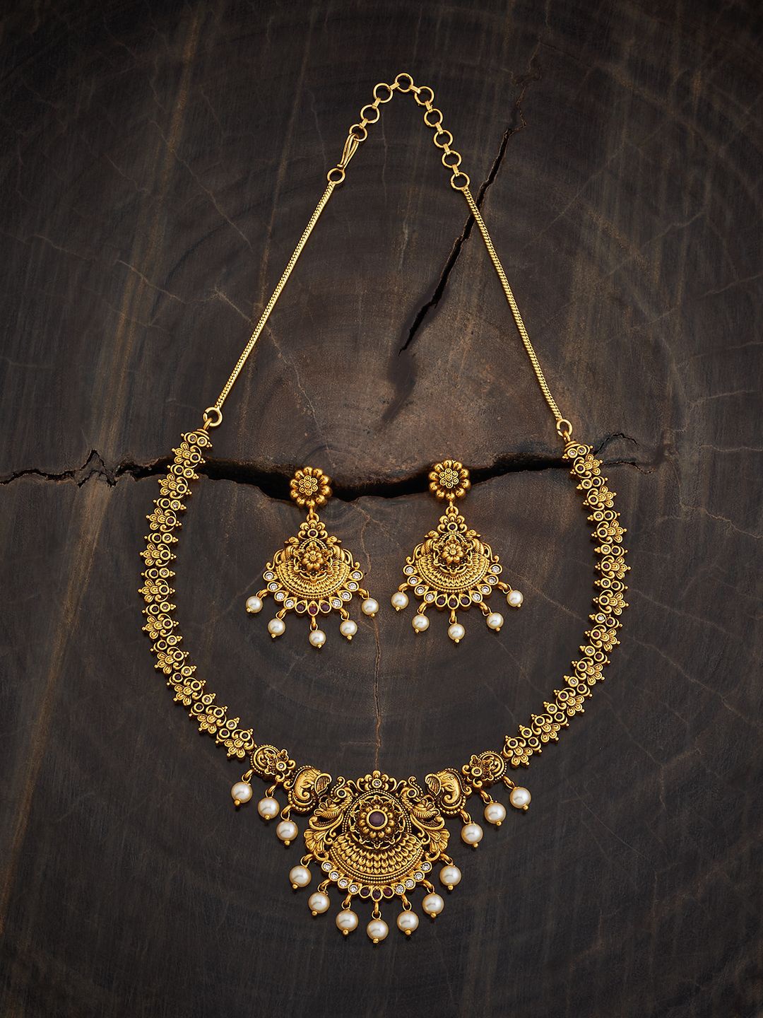 

Kushal's Fashion Jewellery Gold-Plated Ethnic Antique Necklace Jewellery Set, Red