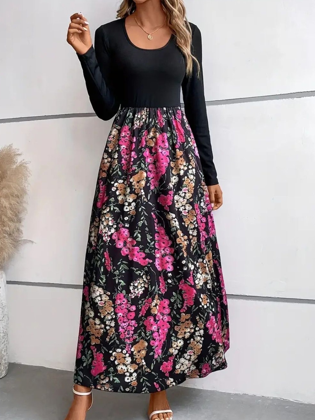 

KPOP Women Floral Printed A-Line Maxi Dress, Black