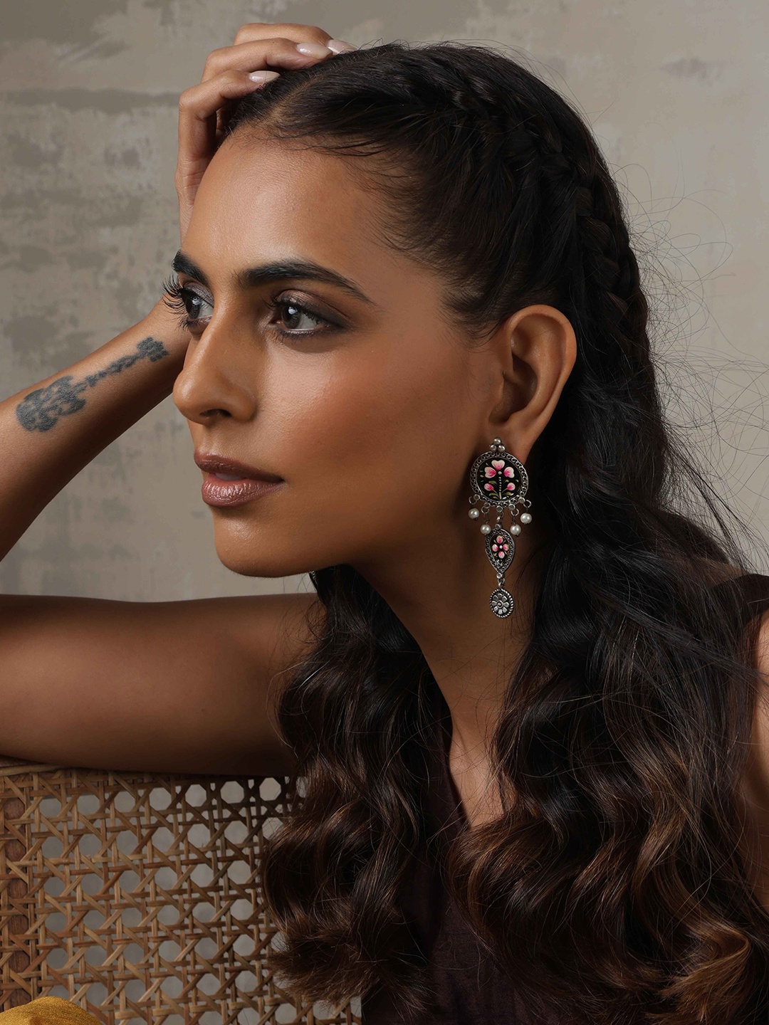 

trueBrowns Brass-Plated Floral Shaped Stone Studded Drop Earrings, Silver