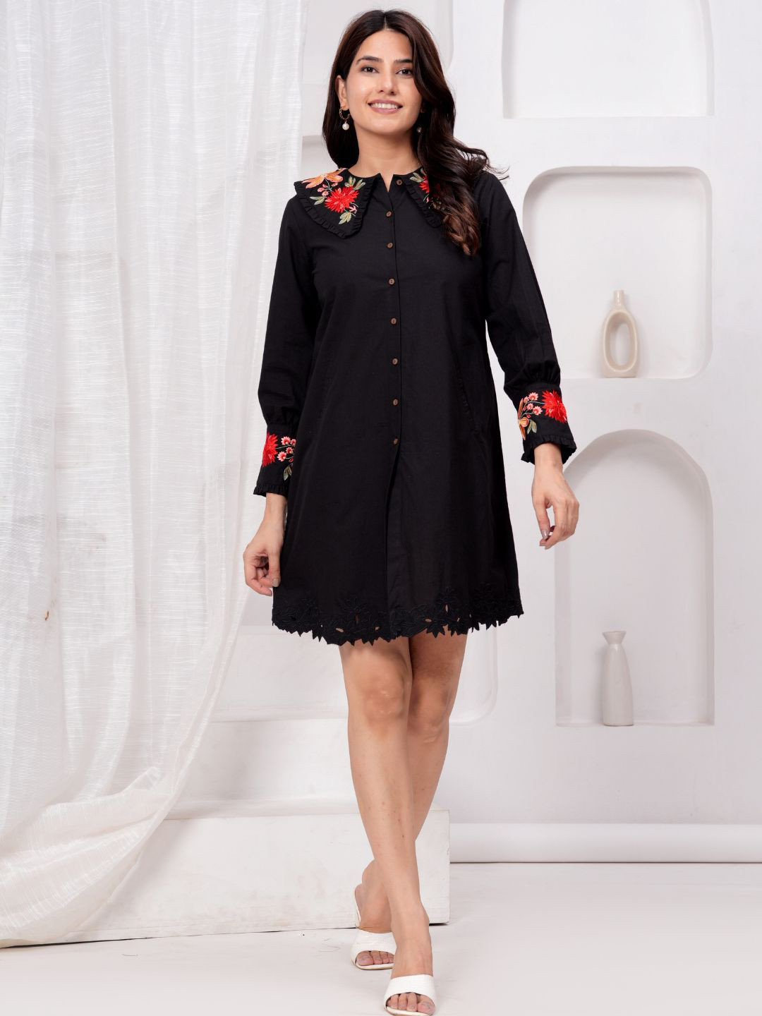 

Zolo Label Women Shirt Collar Cuffed Sleeves Embroidered A-Line Midi Dress, Black