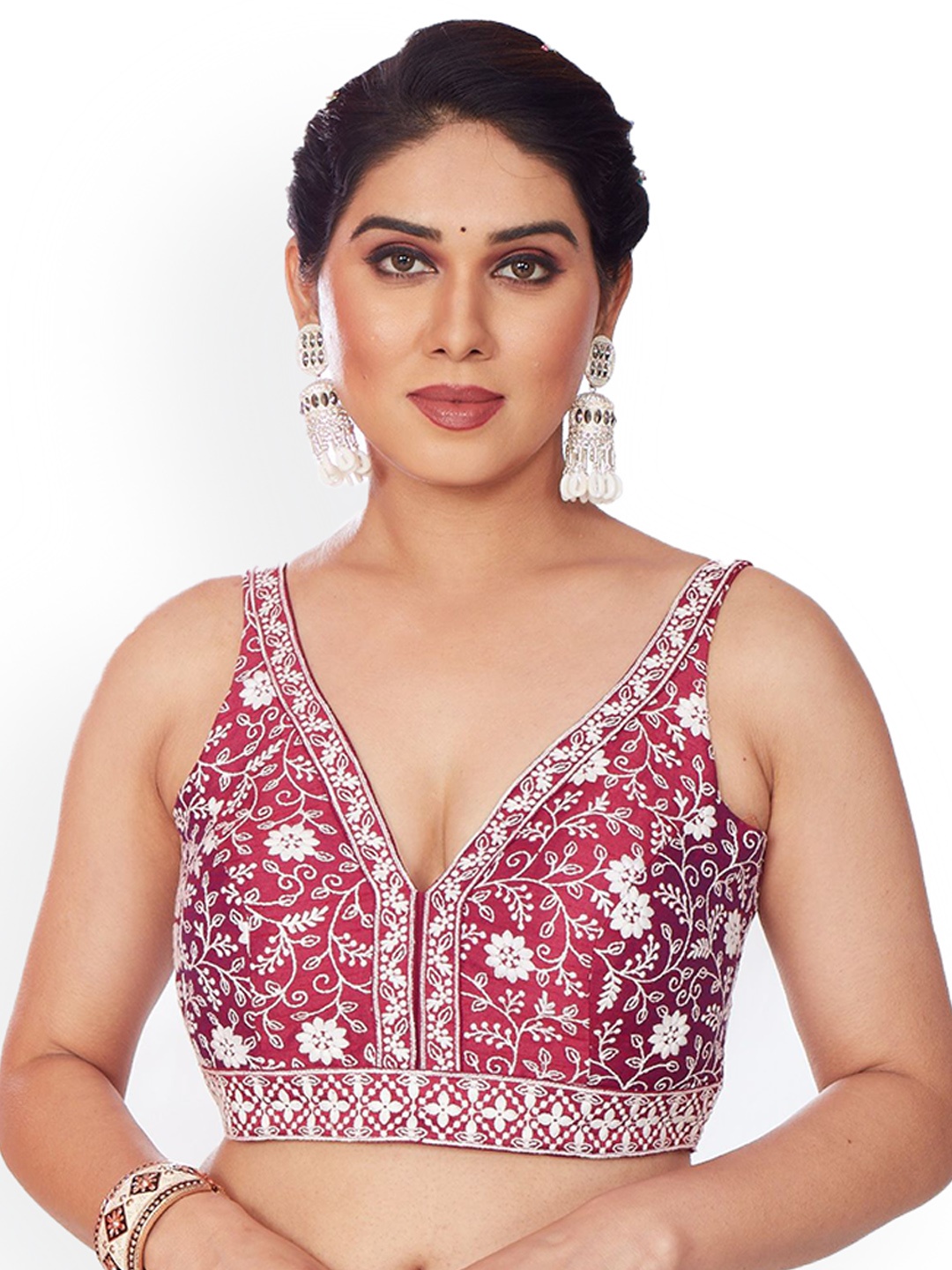 

Mmore Embroidered V Neck Sleeveless Saree Blouse, Burgundy